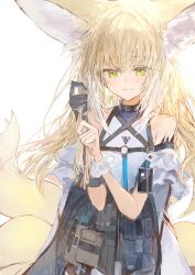 Rule 34 | 1girl, absurdres, aged up, animal ears, arknights, bare shoulders, black gloves, blonde hair, closed mouth, commentary, fox ears, fox girl, fox tail, gloves, green eyes, hair down, highres, ichika (ichika87), infection monitor (arknights), long hair, material growth, oripathy lesion (arknights), single glove, smile, solo, suzuran (arknights), tail, white background