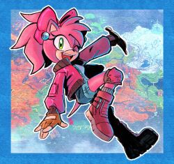 1girl amy_rose blue_border boots border cosplay denim denim_shorts fingerless_gloves full_body gloves green_eyes highres knee_pads kryptiq_kreachur map map_background mario_(series) mario_kart mario_kart_world nintendo one_eye_closed outline outside_border princess_peach princess_peach_(cosplay) shorts sonic_(series) white_outline