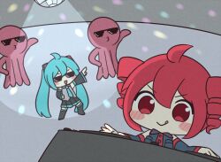2girls 2others :&gt; ahoge alien aqua_hair aqua_necktie bare_shoulders black_skirt black_sleeves blue_shirt blue_sleeves blush_stickers breast_pocket commentary dancing deformed detached_sleeves disco_ball dj drill_hair grey_shirt hair_ornament hand_on_own_hip hatsune_miku kasane_teto kasane_teto_(utau) long_hair multiple_girls multiple_others necktie nukotun o3o outstretched_arm pleated_skirt pocket pointing red_eyes red_hair shirt short_hair skirt sunglasses tentacles tongue tongue_out triangle_mouth twin_drills twintails utau v-shaped_eyebrows very_long_hair vocaloid