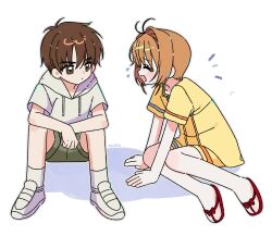 1boy 1girl :d absurdres artist_name blush brown_eyes brown_hair cardcaptor_sakura closed_eyes closed_mouth drawstring elbows_on_knees facing_another flying_sweatdrops full_body green_shorts grey_outline highres hood hood_down hoodie kinomoto_sakura knees_up li_syaoran open_mouth outline red_sandals sandals shirt shoes short_hair short_sleeves shorts simple_background sitting smile socks white_background white_hoodie white_shoes white_socks yalmyu yellow_shirt