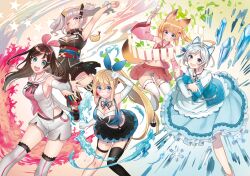 Rule 34 | .live, 5girls, :3, :o, ;p, accidental exposure, animal ear headwear, animal ears, armpits, asymmetrical legwear, bare shoulders, bell, black skirt, black thighhighs, blue bow, blue dress, blue eyes, blue flower, blue rose, blush, bow, breasts, brown hair, cleavage, cleavage cutout, clothing cutout, dennou shoujo siro, detached sleeves, dress, elbow gloves, fake animal ears, fire, flower, food, fox ears, fox girl, fox tail, frilled dress, frills, garter straps, gloves, hair ornament, hairband, hairclip, highres, icicle, kaguya luna, kemomimi oukoku kokuei housou, kizuna ai, kizuna ai (1st costume), kizuna ai inc., koniro, large breasts, leaf, long hair, maebari, mikoko (kemomimi oukoku kokuei housou), mirai akari, mirai akari project, multiple girls, navel, no panties, nontraditional miko, ofuda, one eye closed, open mouth, parted lips, pink bow, pink sleeves, pleated skirt, ponytail, red skirt, rose, sandals, shorts, shrimp, shrimp tempura, single thighhigh, skirt, smile, snowflakes, star (symbol), suspender skirt, suspenders, tail, teeth, tempura, the moon studio, thighhighs, tongue, tongue out, upper teeth only, virtual youtuber, virtual youtuber shiten&#039;nou, white gloves, white hair, white shorts, white sleeves, white thighhighs, wristband, x hair ornament