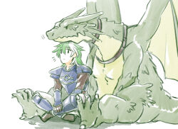 1boy arm_guards armor batoson54 blue_armor breastplate closed_mouth commentary_request creature dragon fire_emblem fire_emblem:_the_blazing_blade gloves green_eyes green_hair heath_(fire_emblem) indian_style male_focus multicolored_hair nintendo no_nose on_floor shin_guards signature simple_background sitting two-tone_hair white_background white_hair wyvern