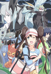 1girl 3boys black_kyurem brown_hair darmanitan darmanitan_(standard) double_bun gen_1_pokemon gen_4_pokemon gen_5_pokemon ghetsis_(pokemon) golduck hair_bun hugh_(pokemon) hyakuen_raitaa kyurem legendary_pokemon long_hair lucario magnezone multiple_boys n_(pokemon) nintendo pantyhose pokemon pokemon_(creature) pokemon_bw pokemon_bw2 rosa_(pokemon) serperior twintails visor_cap
