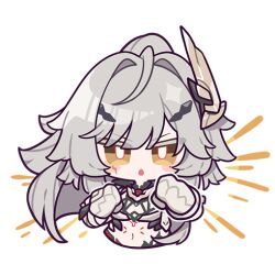 1girl :&lt; blush_stickers bright_pupils chibi colored_eyelashes door erdos_helia erdos_helia_(planar_armament:_warped_spacetime) facial_mark grey_hair hair_ornament honkai_(series) honkai_impact_3rd long_hair midriff navel official_art open_mouth solo stomach transparent_background upper_body white_pupils yellow_eyes