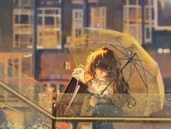 1girl blue_coat blue_eyes blurry blurry_background brown_hair building carrying carrying_under_arm closed_mouth coat fogged_glasses glass_writing highres hofmann_knot holding holding_suitcase holding_umbrella long_hair long_sleeves luojia_ying marcus_(reverse:1999) reverse:1999 scarf smile solo suitcase transparent transparent_umbrella umbrella upper_body white_scarf