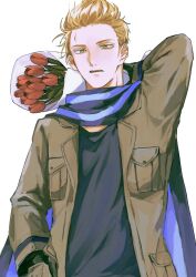 1boy axis_powers_hetalia blonde_hair bouquet flower green_eyes hair_slicked_back highres holding holding_bouquet jacket long_sleeves looking_at_viewer male_focus netherlands_(hetalia) open_mouth red_flower red_tulip scar scar_on_face scar_on_forehead scarf shirt simple_background solell10 solo tulip upper_body white_background