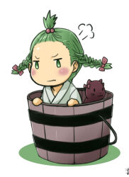 1girl :3 alternate_hairstyle blush braid brown_cat bucket closed_mouth commentary_request green_eyes green_hair grey_kimono hanemikakko in_bucket in_container japanese_clothes kaenbyou_rin kaenbyou_rin_(cat) kimono kisume short_hair simple_background solo touhou twin_braids upper_body white_background wooden_bucket