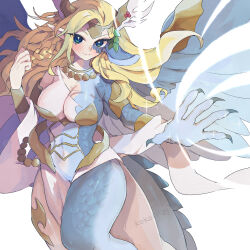 1girl blonde_hair blue_eyes blue_skin breasts claws colored_skin covered_navel dragon_girl dragon_horns dragon_tail dragon_wings duel_monster highres horns kokodari large_breasts leotard multicolored_skin pointy_ears saffira_dragon_queen_of_the_voiceless_voice saffira_queen_of_dragons smile solo tail transformation two-tone_skin wings yu-gi-oh!