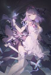 1girl asymmetrical_gloves asymmetrical_legwear bare_shoulders black_tiara breasts bright_pupils bug buguma butterfly castorice_(honkai:_star_rail) dress dress_flower elbow_gloves flower garter_straps gloves highres honkai:_star_rail honkai_(series) insect legwear_cutout long_hair looking_at_viewer pantyhose parted_lips pointy_ears purple_eyes purple_flower purple_gloves purple_hair single_garter_strap solo thighhighs tiara uneven_gloves uneven_legwear white_dress white_pantyhose white_pupils white_thighhighs