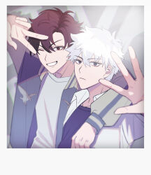 Rule 34 | 2101341bbb, 2boys, arm around neck, arm around shoulder, black eyes, black hair, black shirt, blue jacket, blurry, border, brown eyes, brown hair, cheng xiaoshi, closed mouth, collared shirt, grin, hair between eyes, hand on another&#039;s shoulder, hand up, highres, jacket, long sleeves, looking at viewer, lu guang, male focus, multicolored jacket, multiple boys, one eye closed, open clothes, open jacket, outside border, shiguang dailiren, shirt, short hair, smile, upper body, v, white border, white hair, white shirt, yaoi