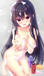 1girl absurdres barefoot bathing black_hair blush breasts collarbone commentary_request covering_breasts covering_privates eyes_visible_through_hair feet female_pervert furrowed_brow grey_background groin hair_between_eyes hair_down hair_intakes hair_over_breasts hamidashi_creative hand_up highres iem960088 kamakura_shio kneeling knees_out_of_frame large_breasts long_hair naked_towel open_mouth partial_commentary pervert reaching reaching_towards_viewer red_eyes shampoo_bottle sidelocks simple_background smile soap_bubbles solo sponge straight_hair tiptoes toenails toes towel very_long_hair wet
