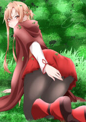1girl absurdres arm_support ass asuna_(sao) black_pantyhose blush boots braid brown_eyes brown_hair cloak closed_mouth commentary_request covering_ass covering_privates full_body grass hair_between_eyes half_up_half_down_braid highres hood hood_down hooded_cloak kneeling leaf leaf_on_clothes leaf_on_head long_hair long_sidelocks long_sleeves maximum7010 miniskirt on_grass outdoors panties pantyhose pleated_skirt pout red_boots red_cloak red_skirt shirt sidelocks signature skirt solo sword_art_online sword_art_online_progressive thick_thighs thighs underwear white_panties white_shirt