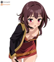 1girl absurdres belt belt_buckle belt_collar black_belt black_cape blur_censor brown_hair buckle cape censored collar cowboy_shot downblouse dress highres hmangadd holding holding_staff kono_subarashii_sekai_ni_shukufuku_wo! leaning_forward loli looking_at_viewer medium_hair megumin open_mouth patreon_logo patreon_username red_dress red_eyes shy simple_background solo staff standing twitter_username twitter_x_logo white_background