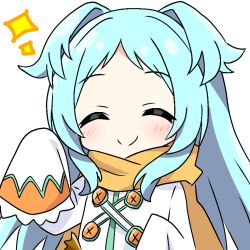 1girl ^_^ aqua_hair blush closed_eyes closed_mouth commentary_request dress facing_viewer hand_up kotatsu-mazoku long_hair long_sleeves miyako_(princess_connect!) princess_connect! scarf simple_background sleeves_past_fingers sleeves_past_wrists smile solo sparkle two_side_up upper_body white_background white_dress yellow_scarf