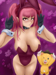 1boy 1girl absurdres animal_ears bare_shoulders black_gloves bleach breasts choker collarbone cuffs dokugamine_riruka fake_animal_ears fake_bunny_ears gloves highres kon_(bleach) leotard light_blush long_hair looking_at_viewer luxap medium_breasts one_eye_closed playboy_bunny purple_hair purple_leotard strapless strapless_leotard stuffed_animal stuffed_lion stuffed_toy tsundere twintails veins veiny_breasts white_wrist_cuffs wink wrist_cuffs