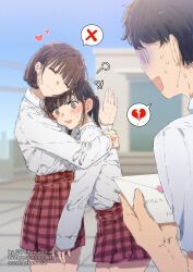 1boy 2girls ^_^ black_hair bluesky_username blush brown_eyes brown_hair closed_eyes closed_mouth commentary_request confession ear_blush highres hug letter love_letter multiple_girls muromaki open_mouth original plaid_clothes plaid_skirt red_skirt school_uniform shirt short_hair skirt smile spoken_broken_heart spoken_x translated twitter_username white_shirt yuri
