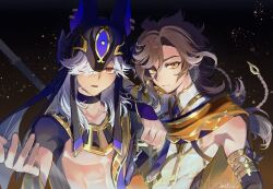 2boys ancient_egyptian_clothes animal_ears animal_hat arm_on_another&#039;s_shoulder armlet artist_name black_choker black_gloves black_hat black_ribbon black_shirt braid brown_hair cape choker closed_mouth commentary_request crop_top cyno_(genshin_impact) dark-skinned_male dark_skin elbow_gloves fake_animal_ears fingerless_gloves genshin_impact gloves gold_trim green_eyes hair_between_eyes hair_over_one_eye hand_up hat hat_ribbon highres jackal_ears jewelry long_hair looking_at_viewer low_ponytail male_focus multicolored_hair multiple_boys one_eye_covered open_mouth orange_cape parted_bangs pectorals polearm ponytail red_eyes ribbon serious sethos_(genshin_impact) shirt short_sleeves signature sky_yoichi sleeveless sleeveless_shirt streaked_hair swept_bangs tassel upper_body usekh_collar watermark weapon white_hair white_shirt