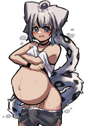 1boy animal_ears armpit_crease dark_skin embarrassed highres leopard_boy leopard_ears leopard_tail leotard male_focus male_pregnancy penis shirt shorts shota sweat tail white_hair white_shirt
