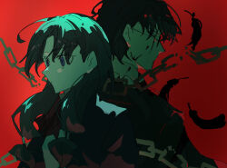1boy 1girl black_hair broken broken_chain chain father_and_daughter feathers glasses gorira highres kagurabachi long_hair red_background samura_iori samura_seiichi scar scar_across_eye scar_on_face upper_body