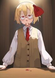 1girl bags_under_eyes blonde_hair blood blood_from_mouth bolos brown_vest buttons collared_shirt hair_ribbon necktie nosebleed red_eyes red_necktie red_ribbon ribbon rumia shirt short_hair solo table touhou vest white_shirt