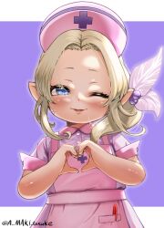 1girl a-maki_tasuke absurdres blonde_hair blue_eyes commentary_request dress final_fantasy final_fantasy_xiv hair_bobbles hair_ornament hat heart heart_hands highres lalafell marker nurse nurse_cap one_eye_closed parted_lips pink_dress pointy_ears smile solo twitter_username upper_body warrior_of_light_(ff14)