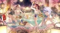 4boys ahoge blonde_hair blue_hair cherry_blossoms commentary cup dango english_commentary falling_petals food full_moon genshin_impact green_eyes hair_between_eyes holding holding_cup holding_food jewelry kaedehara_kazuha kamisato_ayato kawausoman long_hair male_focus moon multicolored_hair multiple_boys necklace night official_art onsen outdoors outstretched_arm parted_lips partially_submerged petals red_hair sanshoku_dango second-party_source shikanoin_heizou sitting streaked_hair taroumaru_(genshin_impact) teeth thoma_(genshin_impact) topless_male upper_teeth_only very_long_hair wagashi white_day white_hair