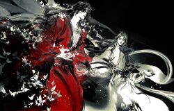 2boys bandaged_arm bandaged_neck bandages black_background black_hair braid bug butterfly chinese_clothes closed_mouth eyepatch faux_traditional_media fighting_stance floating_clothes floating_hair glowing_butterfly hair_bun hanfu highres holding_bandages hua_cheng ink_wash_painting insect jewelry kcllzas163 light_particles limited_palette long_hair long_sleeves looking_at_another male_focus multiple_boys necklace one_eye_covered open_mouth red_hanfu robe sash side_braid single_braid single_hair_bun smile spot_color standing third-party_source tianguan_cifu very_long_hair watercolor_effect white_butterfly white_hanfu wide_sleeves xie_lian