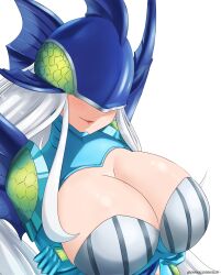 1girl absurdres ancientmermaimon armor arms_under_breasts blue_bodysuit bodysuit boobplate breastplate breasts cleavage closed_mouth commentary commission covered_eyes crossed_arms digimon digimon_(creature) digimon_frontier emixxcerberus english_commentary grey_hair helmet helmet_over_eyes highres large_breasts long_hair paid_reward_available shoulder_armor simple_background smile solo twitter_username upper_body very_long_hair white_background