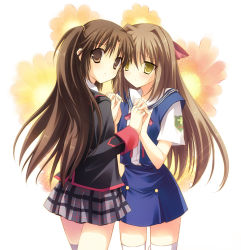 Rule 34 | 00s, 2boys, bad id, bad pixiv id, brown eyes, brown hair, clannad, company connection, crossdressing, crossover, holding hands, key (company), little busters!, long hair, male focus, multiple boys, naoe riki, plaid clothes, plaid skirt, ponytail, school uniform, shima katsuki, skirt, thighhighs, toranosuke, trap, yellow eyes, zettai ryouiki