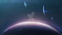 Rule 34 | cambocreation, glowing, jellyfish, no humans, original, painterly, planet, scenery, science fiction, sky, space, spacecraft, star (sky), starry sky, watermark