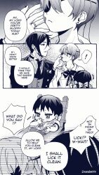 baby bow ciel_phantomhive earrings eyepatch food food_on_face formal_clothes highres jewelry kurosh00kie kuroshitsuji necktie ring sebastian_michaelis speech_bubble suit theo_(kurosh00kie) yaoi