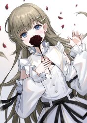 1girl absurdres blue_eyes blush brown_hair commentary covering_own_mouth detached_sleeves dress falling_petals flower hair_ornament hanabusa_lisa hanabusa_lisa_(1st_costume) hashtag-only_commentary highres holding holding_flower long_hair looking_at_viewer petals red_flower red_petals solo virtual_youtuber vspo! white_background white_dress ziu