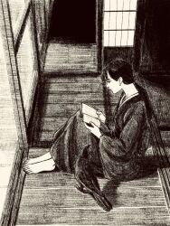 Rule 34 | 1girl, book, greyscale, highres, holding, holding book, indoors, long hair, looking at object, looking to the side, monochrome, original, reading, sitting, sliding doors, solo, tp p pt