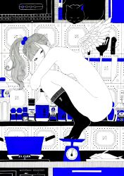 1girl angel bottle breasts cat cooking_pot electrical_outlet fire fish from_side full_body hair_bobbles hair_ornament highres hugging_own_legs ishimatsu_chiaki kitchen kitchen_knife kneehighs knife limited_palette monochrome nude original ponytail socks solo spatula spitz_(band) spot_color stove tile_wall tiles weighing_scale wings