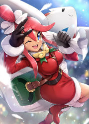 1girl bag black_gloves blue_eyes blush boots breasts christmas dress feathers gen_4_pokemon gift_bag gloves gonzarez hair_ornament hat highres holding holding_bag large_breasts long_hair looking_at_viewer nintendo official_alternate_costume one_eye_closed one_side_up open_mouth pokemon pokemon_(creature) pokemon_masters_ex red_hair santa_boots santa_costume santa_dress santa_gloves santa_hat short_hair_with_long_locks sidelocks skyla_(holiday_2020)_(pokemon) skyla_(pokemon) smile togekiss