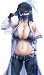 1girl absurdres arm_behind_back bikini bikini_top_only blue_archive blue_bikini blue_eyes blue_hair breasts bursting_breasts cleavage coat gloves halo highres kouglof0141 large_breasts legs looking_at_viewer mask midriff navel open_clothes open_coat pants saori_(blue_archive) sideboob solo swimsuit thighs