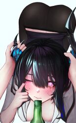 1girl absurdres ass asymmetrical_horns black_hair black_nails black_pantyhose blue_hair blush breasts cleavage closed_mouth covered_erect_nipples crying crying_with_eyes_open crystal_horns glass_bottle hair_between_eyes hand_up heart heart-shaped_pupils highres hololive hololive_english horn_grab horns index_finger_raised long_hair long_sleeves looking_at_viewer medium_breasts mole mole_under_eye multicolored_hair nail_polish nerissa_ravencroft one_eye_closed open_clothes open_shirt pantyhose peeing peeing_on_viewer pink_eyes shirt sidelocks simple_background soju soju_ice solo_focus streaked_hair symbol-shaped_pupils tears uneven_horns virtual_youtuber white_background white_shirt