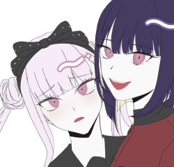 1boy 1girl black_bow black_hairband black_headband bow brother_and_sister hair_bow hairband headband looking_at_viewer open_mouth pink_eyes pink_hair purple_hair red_shirt shirt siblings simple_background teeth the_hundred_line_-last_defense_academy- tongue tsukumo_ima tsukumo_kako twins upper_body upper_teeth_only white_background