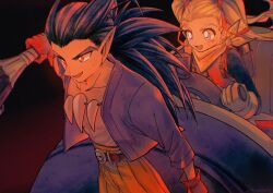 1boy 1girl antenna_hair backpack bag belt black_hair blonde_hair blood blood_on_face blue_eyes bone_necklace brown_gloves chinese_commentary club_(weapon) commentary_request dirty dirty_face dragon_quest dragon_quest_builders_2 dress driving earrings fang female_builder_(dqb2) floating_hair gloves hair_pulled_back hair_ribbon highres holding holding_club holding_weapon hoop_earrings jewelry looking_ahead low_ponytail mouyi neckerchief necklace on_vehicle open_clothes open_mouth open_shirt orange_pants pants pointy_ears ponytail purple_shirt red_belt red_eyes red_gloves red_ribbon ribbon scene_reference ship&#039;s_wheel shirt sidoh_(dqb2) skull_belt smile spiked_hair toned toned_male tooth_necklace twintails weapon yellow_neckerchief