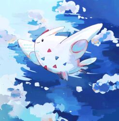 black_eyes closed_mouth cloud flying gen_4_pokemon highres looking_up nintendo no_humans pokemon pokemon_(creature) sky smile solo su_(sajo_su5) togekiss twitter_username