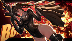 1girl assault_rifle black_hair black_thighhighs breasts chinese_commentary commentary_request covered_navel cross cross_necklace explosion grey_eyes gun heterochromia highres holding holding_gun holding_veil holding_weapon jewelry knight_fault large_breasts leotard long_hair multicolored_hair necklace original red_eyes rifle scar scar_on_face solo thighhighs two-tone_hair weapon