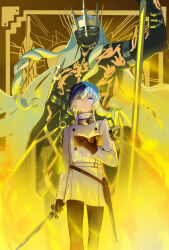 Rule 34 | 1boy, absurdres, aqua eyes, aqua hair, black gloves, black pants, blue hair, book, closed mouth, commentary, dark-skinned male, dark skin, english commentary, gloves, heterochromia, highres, holding, holding book, holding polearm, holding sword, holding weapon, hoshizukiii, jacket, long sleeves, looking at viewer, male focus, metaphor: refantazio, multicolored hair, open book, pants, polearm, prince (archetype), protagonist (metaphor: refantazio), spoilers, sword, two-tone hair, weapon, white jacket, yellow eyes
