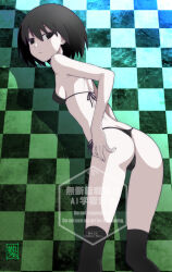 Rule 34 | 1girl, ass, bikini, black bikini, black eyes, black hair, black thighhighs, breasts, checkered background, closed mouth, green background, highres, kikumaru bunta, monogatari (series), oshino ougi, pale skin, short hair, small breasts, solo, swimsuit, thighhighs, watermark