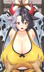 1girl absurdres animal_ears animal_print blush breasts cleavage closed_mouth collarbone commentary_request cow_ears cow_girl cow_horns cow_print gigantic_breasts grabbing_another&#039;s_breast grey_hair groping hand_up haori highres hinben horns huge_breasts indoors japanese_clothes looking_at_viewer multicolored_hair navel open_mouth pov pov_hands red_eyes red_horns restrained short_hair smile solo split-color_hair sweat sweatdrop tank_top touhou upper_body ushizaki_urumi variant_set yellow_tank_top
