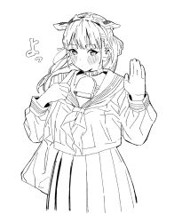 1girl animal_ear_hairband animal_ears animal_print bag bell blush closed_mouth collar commentary cow_ear_hairband cow_ears cow_girl cow_horns cow_print cowbell cowboy_shot dot_mouth earrings fake_animal_ears fake_horns futao_miruku_(riki) greyscale hair_ribbon hairband hand_up highres holding_strap hoop_earrings horn_hairband horns jewelry lineart long_hair long_sleeves mole mole_under_eye monochrome neck_bell neckerchief original pleated_skirt ribbon riki_(riki_unc) sailor_collar sailor_shirt school_bag school_uniform serafuku shirt sidelocks simple_background skirt solo twintails white_background