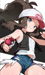 1girl bare_shoulders baseball_cap black_vest blue_eyes brown_hair closed_mouth denim denim_shorts female_focus hat high_ponytail hilda_(pokemon) holding jamir_grhd looking_at_viewer nintendo pink_hat poke_ball poke_ball_(basic) pokemon pokemon_bw ponytail shorts smile solo thighs two-tone_headwear vest white_hat