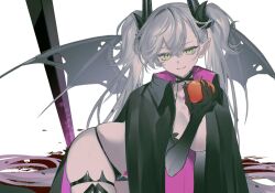1girl apple bikini black_bikini black_jacket blood blood_on_ground body_markings breasts choker cleavage demon_girl demon_horns demon_wings fate/grand_order fate_(series) food fruit green_eyes grey_hair highres holding holding_food holding_fruit horns jacket large_breasts lilith_(fate) long_hair looking_at_viewer pointy_ears smile solo swimsuit torn_wings twintails uxco0 white_background wings