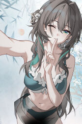 1girl absurdres bare_shoulders bikini breasts brown_hair evzeva green_eyes highres honkai:_star_rail honkai_(series) index_finger_raised large_breasts long_hair looking_at_viewer navel one_eye_closed ruan_mei_(honkai:_star_rail) sarong smile solo swimsuit