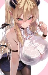 1girl absurdres bare_shoulders black_bra black_horns black_pantyhose black_skirt black_tail blonde_hair blue_eyes blush bra breasts closed_mouth cowboy_shot demon_girl demon_horns demon_tail glasses high_ponytail highres holding holding_removed_eyewear hololive horns huge_breasts long_hair looking_at_viewer omoti_(1201208) pantyhose ponytail see-through_clothes see-through_shirt shirt simple_background skirt sleeveless sleeveless_shirt smile solo tail underwear unworn_eyewear very_long_hair virtual_youtuber wet wet_clothes wet_shirt white_background white_shirt yuzuki_choco