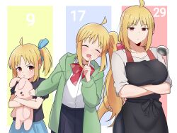 1girl age_difference age_progression aged_down aged_up ahoge amogan apron arms_under_breasts black_apron black_shirt black_skirt blonde_hair blue_ribbon blue_skirt blush bocchi_the_rock! character_age child choppy_bangs closed_eyes closed_mouth commentary crossed_arms green_jacket hand_up height_difference highres holding holding_stuffed_toy ijichi_nijika index_finger_raised jacket ladle long_hair looking_at_viewer multiple_views open_mouth pleated_skirt pout red_eyes red_ribbon ribbon shirt side_ponytail sidelocks skirt smile stuffed_toy white_shirt